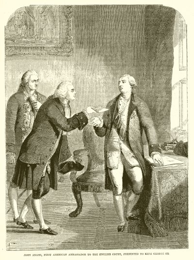 John Adams, erster amerikanischer Botschafter am englischen Hof, wird König Georg III. vorgestellt von English School