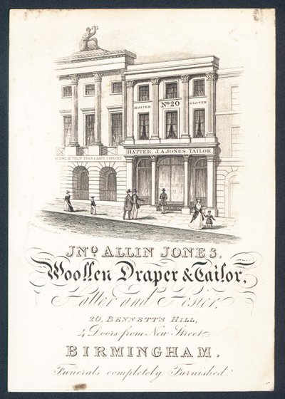 John Allin Jones, Wollwarenhändler und Schneider, Hutmacher und Strumpfhändler, Visitenkarte von English School