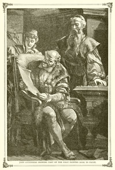 Johannes Gutenberg zeigt einen Teil des ersten gedruckten Buches Faust von English School