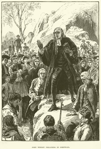 John Wesley, predigend in Cornwall (Gravur) von English School