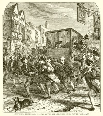 John Wilkes wird von der Menge in die Stadt gezogen, auf dem Weg ins Gefängnis, 1768 von English School