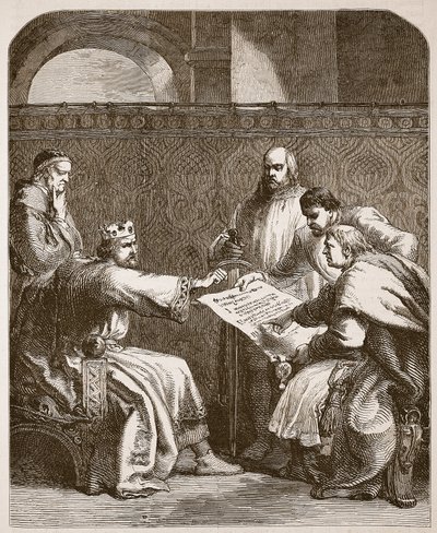 Johann verweigert die Unterzeichnung der Artikel der Barone, Illustration aus Cassells Illustrierter Geschichte Englands von English School