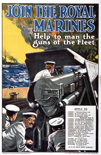 Treten Sie den Royal Marines bei - Helfen Sie, die Geschütze der Flotte zu bemannen, Erster Weltkrieg Rekrutierungsplakat von English School