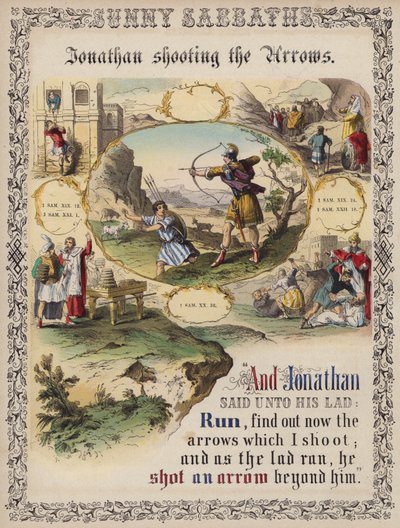 Jonathan schießt die Pfeile (farbige Gravur) von English School