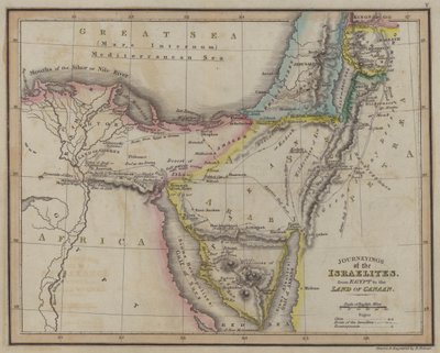 Wanderungen der Israeliten, von Ägypten ins Land Kanaan (farbige Gravur) von English School