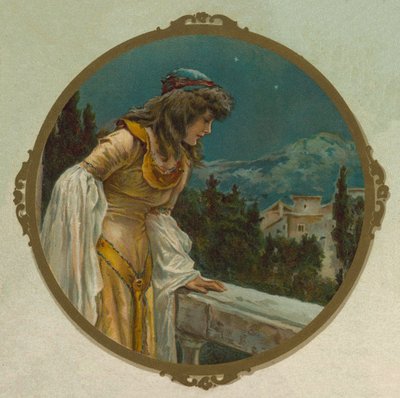 Julia auf ihrem Balkon, Szene aus Shakespeares Romeo und Julia (Chromolithographie) von English School