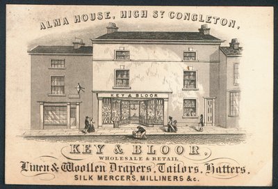 Key and Bloor, Groß- und Einzelhändler für Leinen- und Wollwaren, Schneider, Hutmacher, Seidenhändler, Modisten, Visitenkarte von English School