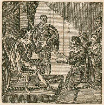 König Karl I. erhält eine Petition des Unterhauses, ihnen die Macht zur Aufstellung von Armeen zu übertragen (Gravur) von English School