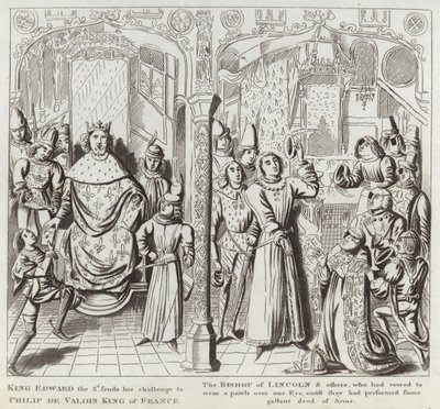 König Edward III. sendet seine Herausforderung an Philipp de Valois, König von Frankreich, den Bischof von Lincoln und andere, die geschworen hatten, ein Auge zu bedecken, bis sie eine heldenhafte Tat vollbracht haben von English School