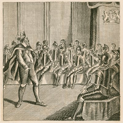 König Heinrich III. betritt das Parlament und findet die Barone in Rüstung gekleidet von English School