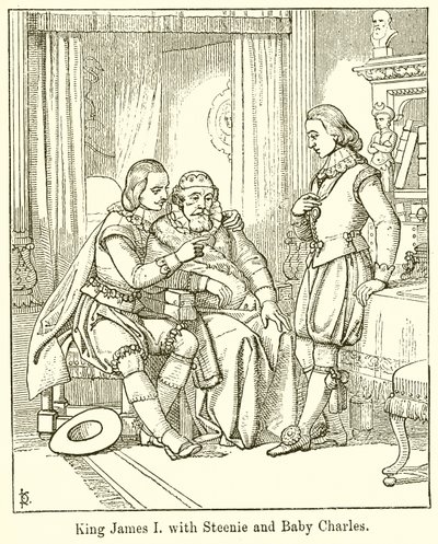 König James I. mit Steenie und Baby Charles von English School