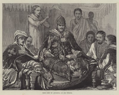 König John von Abessinien auf seinem Thron (Stich) von English School