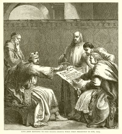 König Johann verweigert die Unterzeichnung der Magna Charta, als sie ihm erstmals vorgelegt wird, 1215 von English School