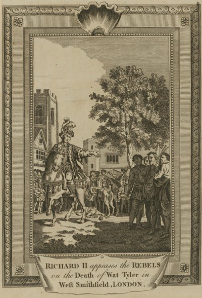 König Richard II. beruhigt die Rebellen nach dem Tod von Wat Tyler in West Smithfield, London von English School