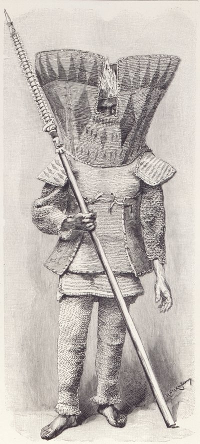 Kingsmill-Insulaner in voller Rüstung, aus Die Geschichte der Menschheit, Bd.1, von Prof. Friedrich Ratzel, 1896 von English School