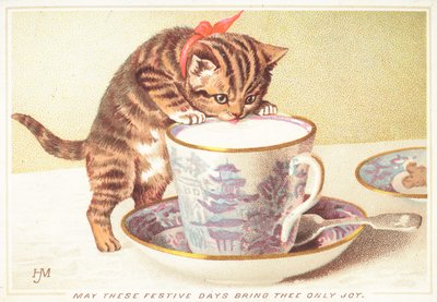 Kätzchen trinkt aus Teetasse, Weihnachtskarte von English School