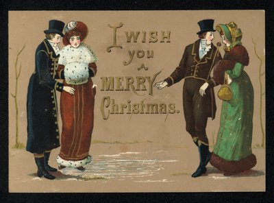 Damen und Herren in ihren Winterkleidern, Weihnachtsgrußkarte von English School