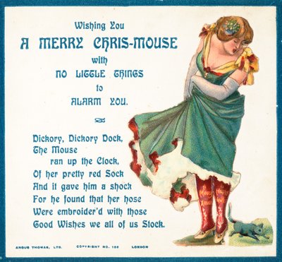 Dame erschrocken über Maus, Weihnachtskarte von English School