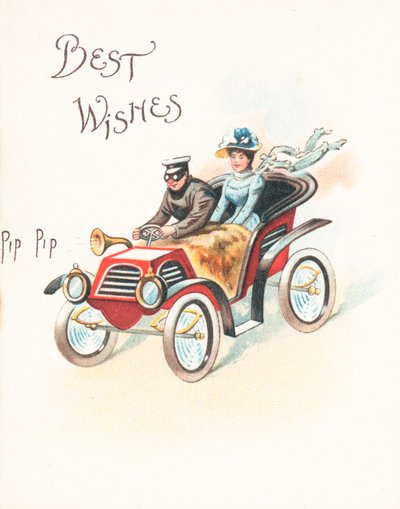 Dame und Herr im Auto rennen, Weihnachtskarte von English School