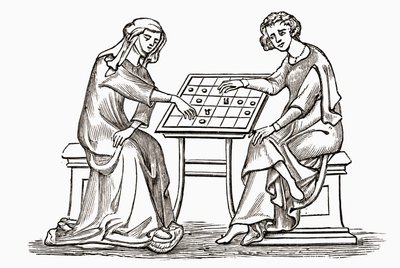 Dame und Jüngling spielen Damespiel oder Dame im frühen 14. Jahrhundert, aus 