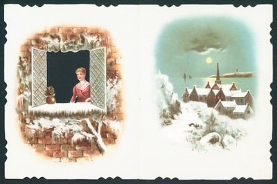 Dame schaut aus dem Fenster und Dorfszene, Weihnachtskarte von English School