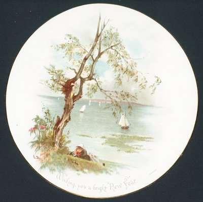 Dame entspannt am Wasser, Neujahrskarte von English School