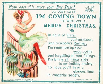 Dame rutscht das Geländer hinunter, Weihnachtskarte von English School