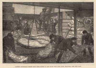 Entladen von australischem Tiefkühlfleisch im Südwestindischen Dock, Millwall von English School
