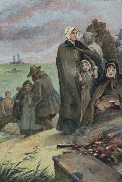 Landung der Pilgerväter in Amerika nach ihrer Reise auf der Mayflower, 1620 von English School