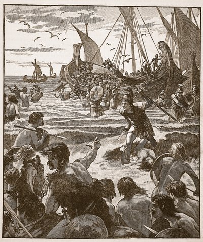 Landung der Römer an der Küste von Kent, Illustration aus Cassells Illustrierter Geschichte Englands von English School