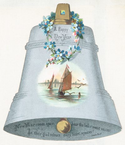 Große blaue Glocke mit Bild von Segelboot, Neujahrskarte von English School