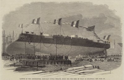 Start der Affondatore, Eisenpanzer-Kuppelfregatte, gebaut für den König von Italien in Millwall, 1865 von English School