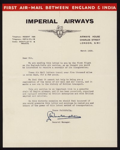 Start des ersten Luftpostdienstes zwischen England und Indien durch Imperial Airways im März 1929 (Lithografie) von English School