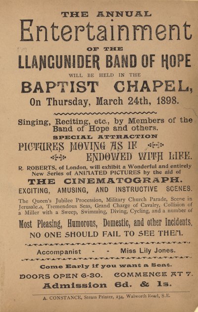 Flugblatt, das die jährliche Unterhaltung der Llangunider Band of Hope bewirbt von English School