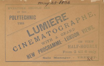 Flugblatt, das den Lumiere-Kinematographen bewirbt von English School