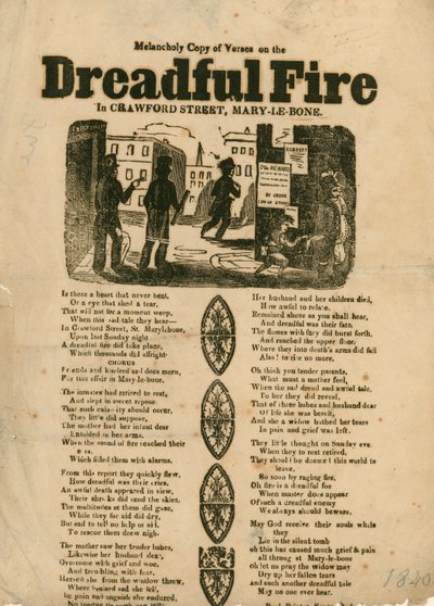 Flugblatt mit Versen zu einem Feuer in der Crawford Street, Marylebone, London von English School