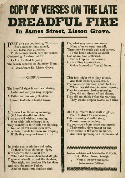 Flugblatt mit Versen zu einem Feuer in der James Street, Lisson Grove, London von English School