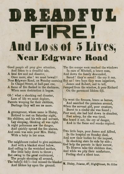 Flugblatt mit Versen zu einem Feuer in der Nähe der Edgware Road, London von English School