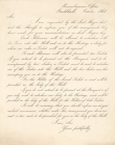 Brief mit Details zu einem Bankett in der Guildhall, London, am 9. November 1868 von English School