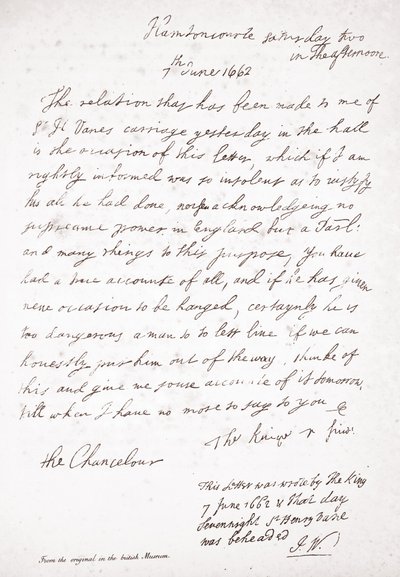 Brief von Charles II. an den Kanzler Lord Clarendon, 7. Juni 1662 von English School
