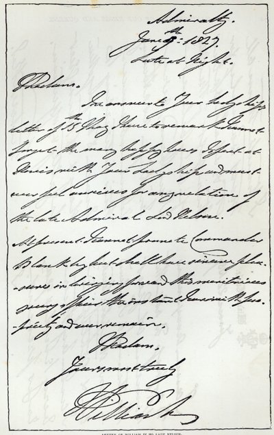 Brief von Wilhelm IV. an Lady Nelson, 1827, veröffentlicht in 