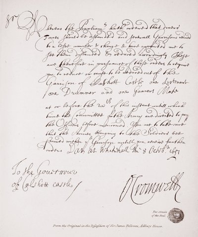 Brief an den Gouverneur von Calshott Castle von Oliver Cromwell, 1651, Faksimile des Originals im Besitz von Sir James Fellowes, Adbury House von English School