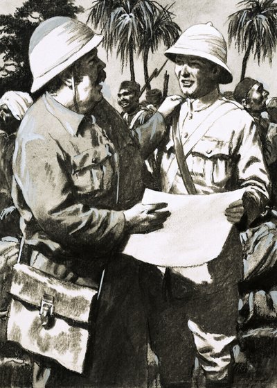 Leutnant Downes und der Künstler Melton Prior mit Priors Zeichnung des Angriffs auf Minhla von English School