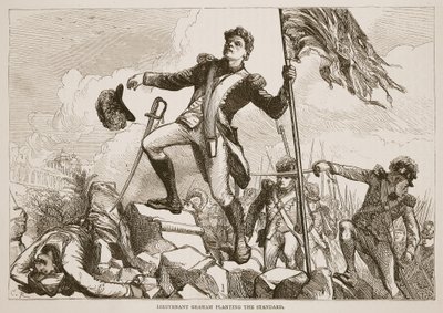 Leutnant Graham pflanzt das Banner, Illustration aus Cassells Illustrierter Geschichte Indiens von James Grant, veröffentlicht 1879 von English School