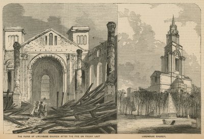 Limehouse Kirche vor und nach dem Brand von English School