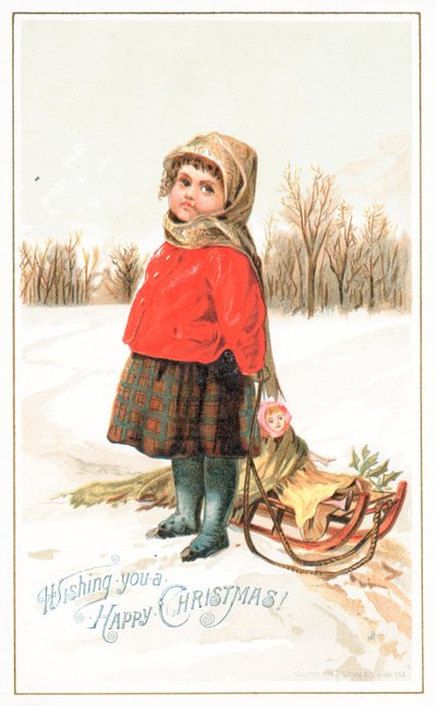 Kleines Mädchen neben einem Schlitten, Weihnachtskarte von English School
