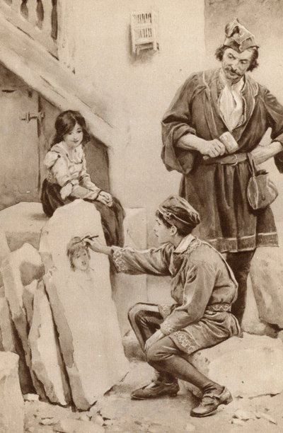 Der kleine Michelangelo zeichnet ein Porträt (Farblithografie) von English School