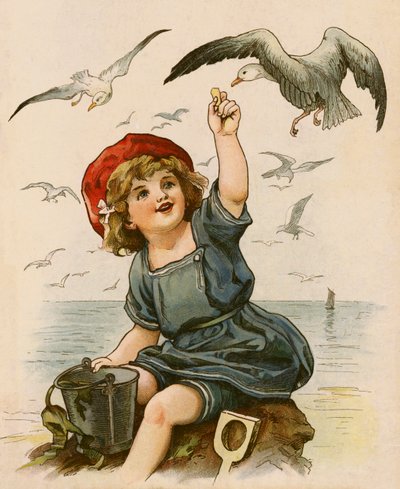 Kleines Mädchen füttert Möwen von English School