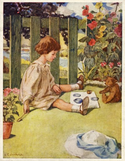 Kleines Mädchen spielt im Garten mit ihrem Teddybär Tee trinken von English School