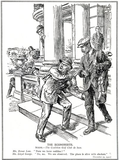 Lloyd George und Bonar Law im Koalitions-Golfclub, aus Angst vor der Anti-Waste-Liga müssen sie auf den Luxus von Caddies verzichten, Dezember 1920 von English School